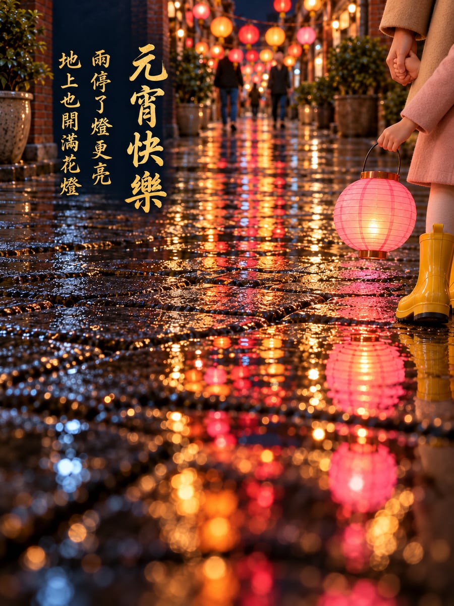 雨後石板路上的燈籠倒影。圖中文字：元宵快樂，雨停了燈更亮，地上也開滿花燈
