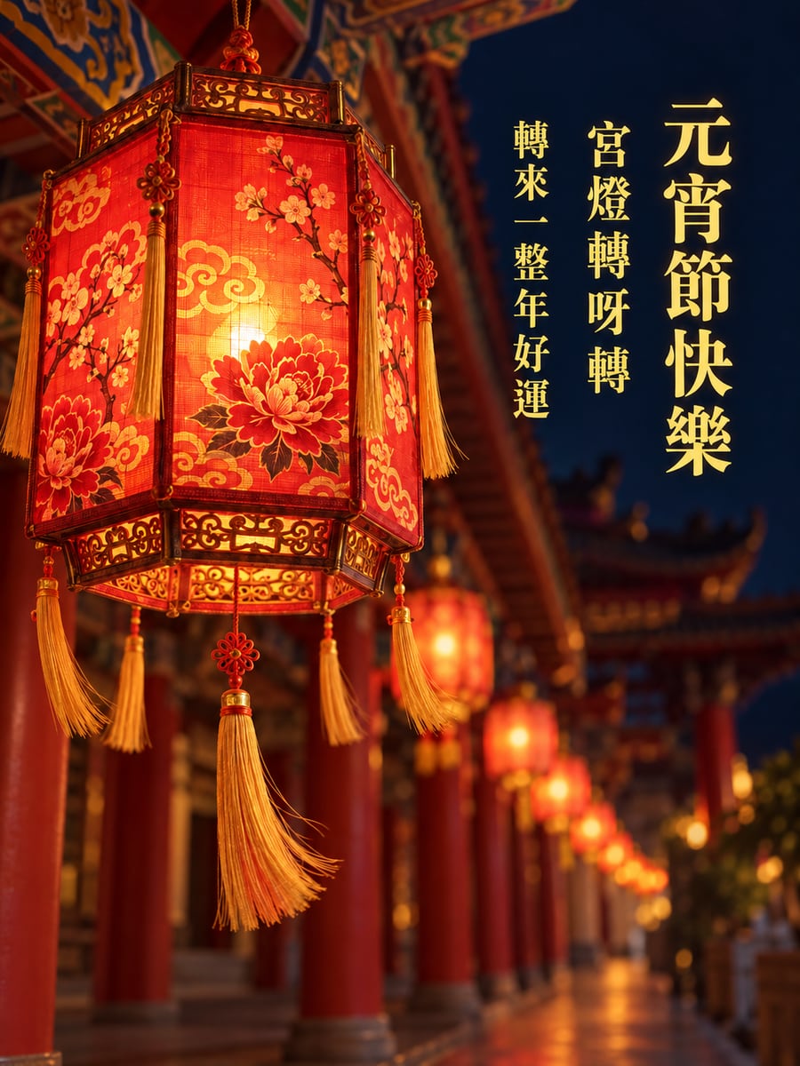 會轉的六角宮燈特寫。圖中文字：元宵節快樂，宮燈轉呀轉，轉來一整年好運