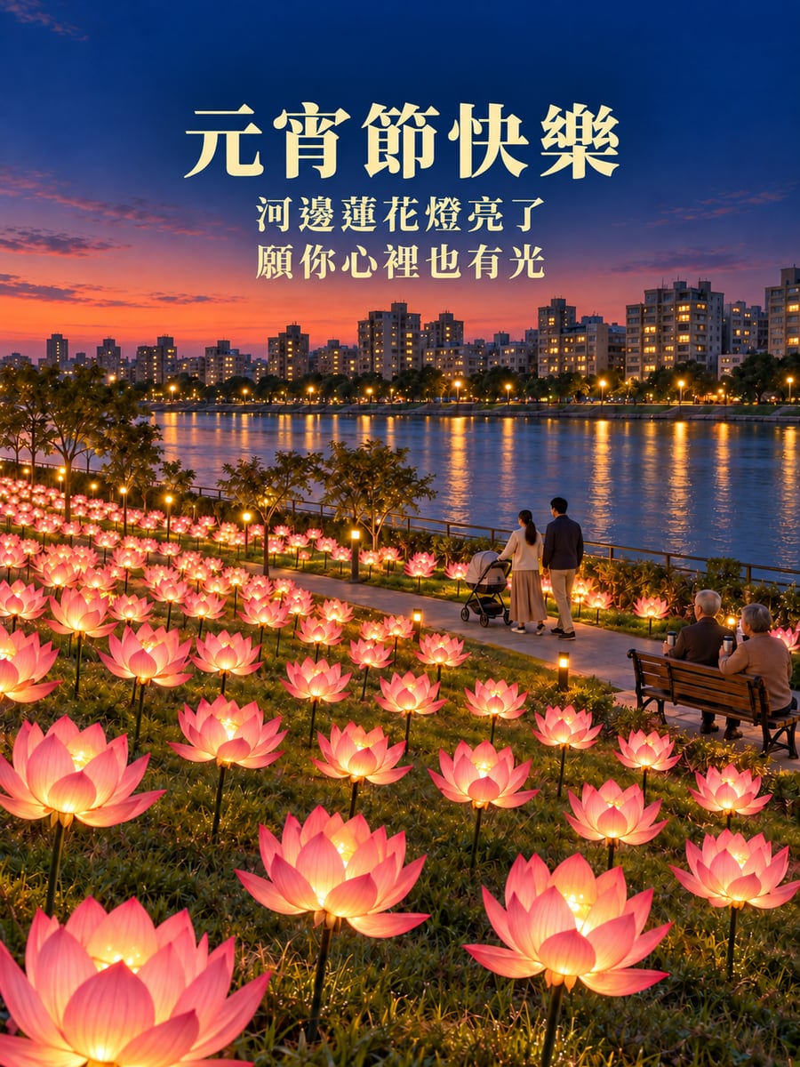 河堤草地上的蓮花燈區。圖中文字：元宵節快樂，河邊蓮花燈亮了，願你心裡也有光