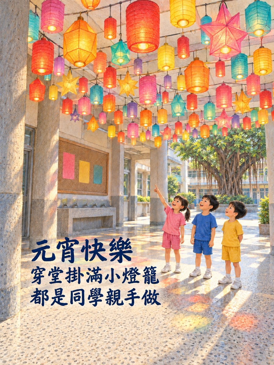 學校穿堂掛滿學生做的燈籠。圖中文字：元宵快樂，穿堂掛滿小燈籠，都是同學親手做