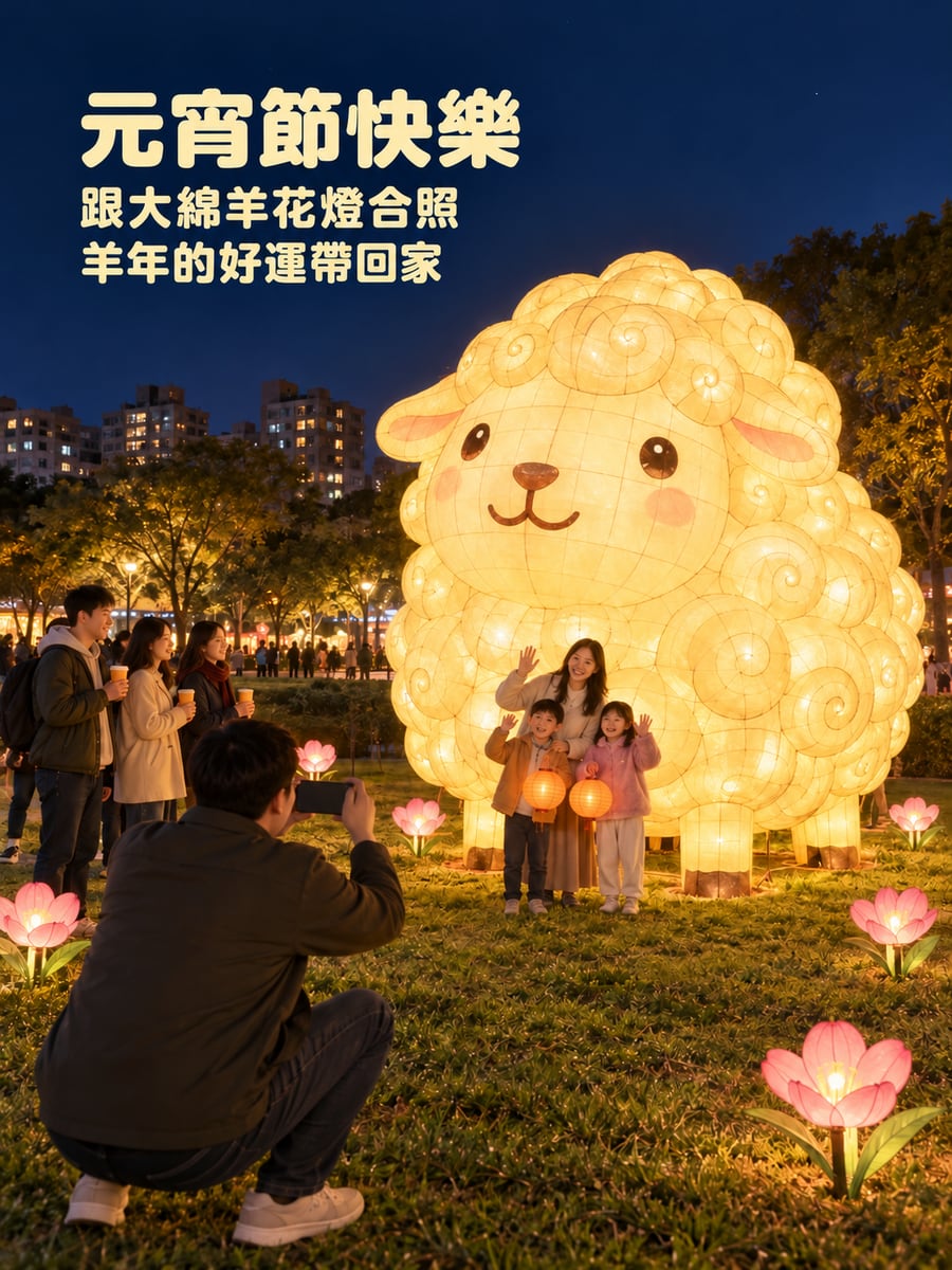 公園燈區的大型綿羊花燈。圖中文字：元宵節快樂，跟大綿羊花燈合照，羊年的好運帶回家
