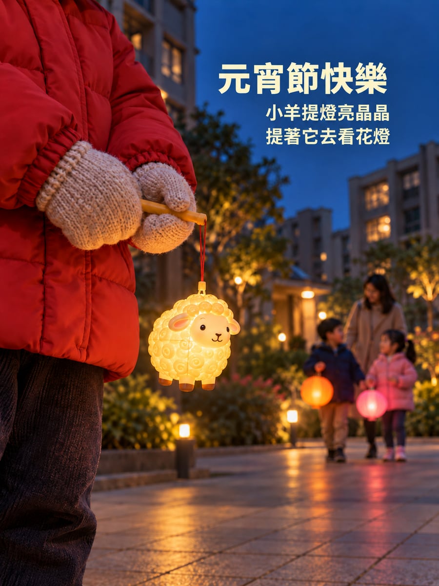 小手提著的小羊提燈。圖中文字：元宵節快樂，小羊提燈亮晶晶，提著它去看花燈