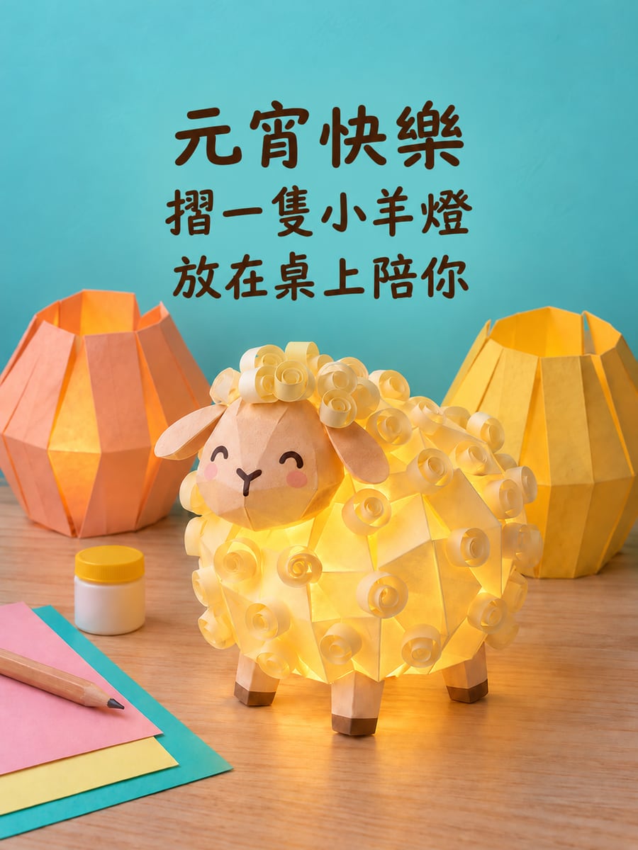 書桌上的摺紙小羊燈。圖中文字：元宵快樂，摺一隻小羊燈，放在桌上陪你