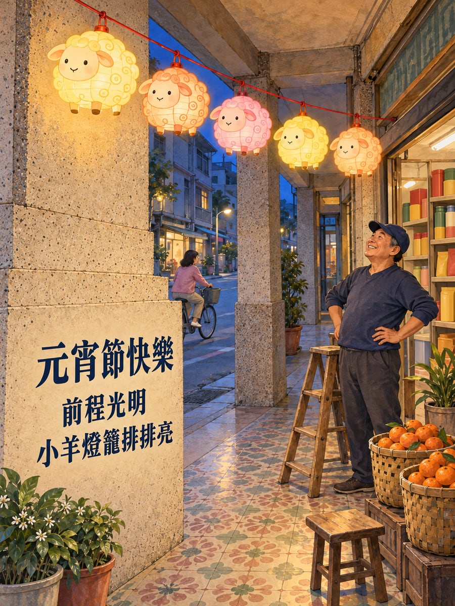 騎樓下的一串小羊燈籠。圖中文字：元宵節快樂，前程光明，小羊燈籠排排亮