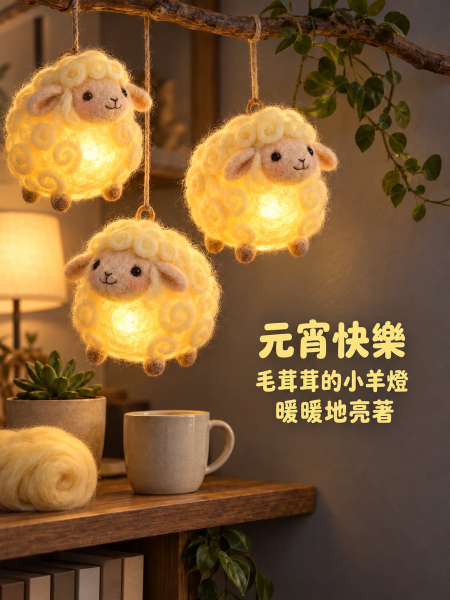 羊毛氈小羊燈飾。圖中文字：元宵快樂，毛茸茸的小羊燈，暖暖地亮著