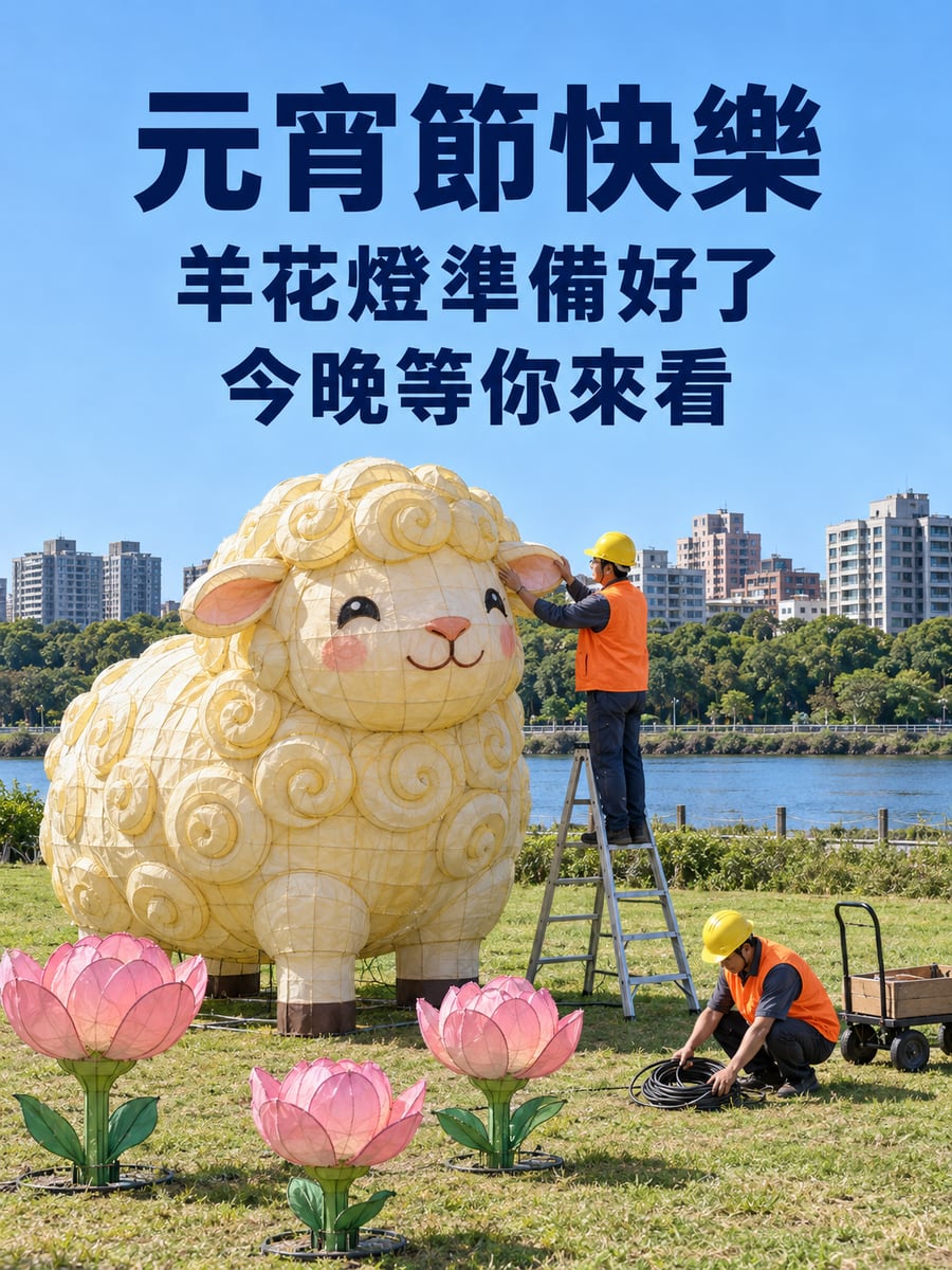 白天還沒亮燈的綿羊花燈。圖中文字：元宵節快樂，羊花燈準備好了，今晚等你來看
