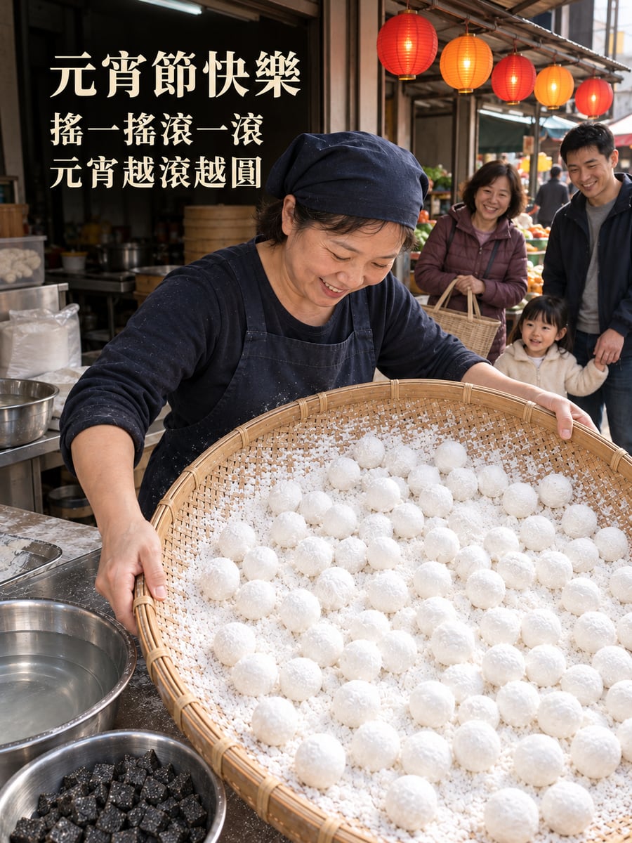 老店門口竹篩搖元宵。圖中文字：元宵節快樂，搖一搖滾一滾，元宵越滾越圓