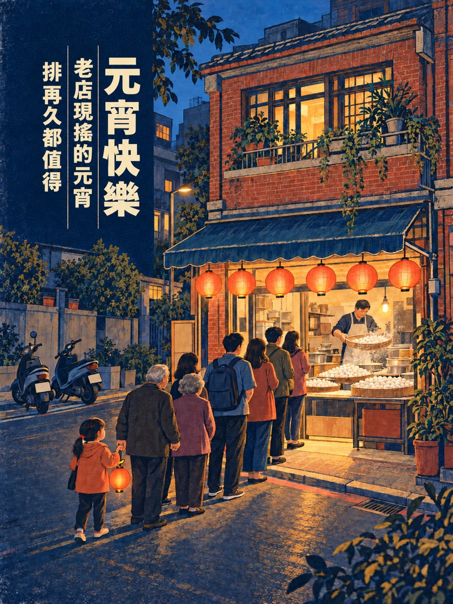 版畫老店前排隊買現搖元宵。圖中文字：元宵快樂，老店現搖的元宵，排再久都值得