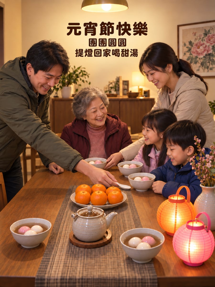 提燈回家後的餐桌甜湯。圖中文字：元宵節快樂，團團圓圓，提燈回家喝甜湯