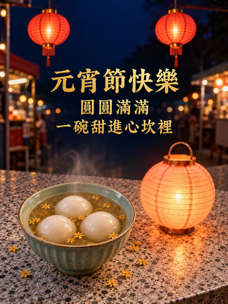 小提燈旁的一碗大湯圓。圖中文字：元宵節快樂，圓圓滿滿，一碗甜進心坎裡