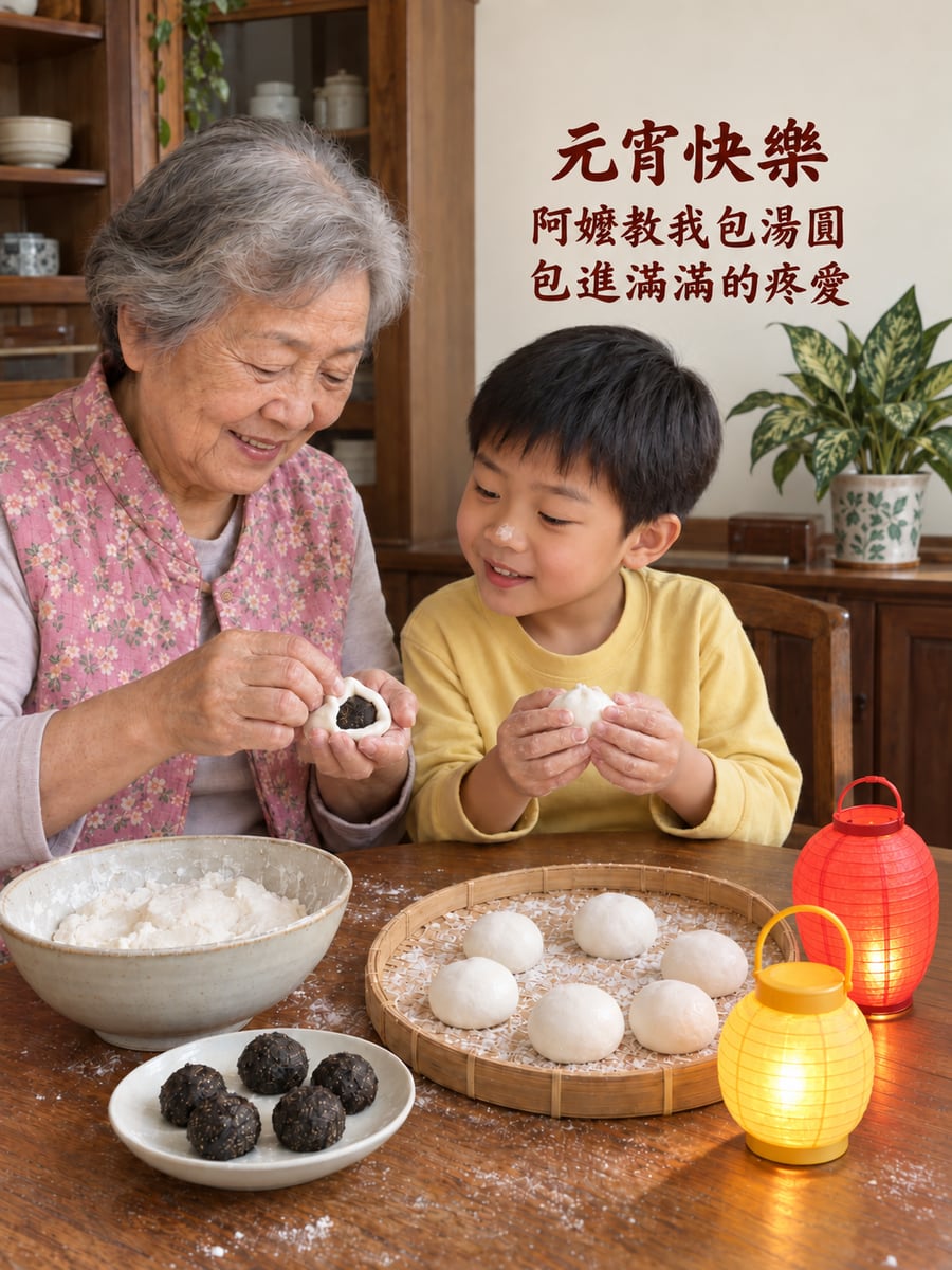阿嬤教孫子包芝麻餡湯圓。圖中文字：元宵快樂，阿嬤教我包湯圓，包進滿滿的疼愛