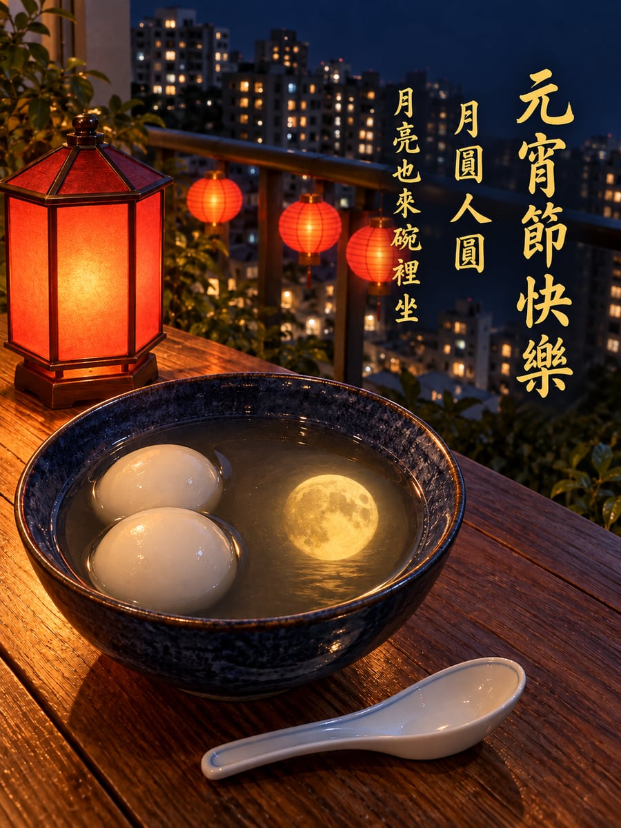 甜湯碗裡的滿月倒影。圖中文字：元宵節快樂，月圓人圓，月亮也來碗裡坐