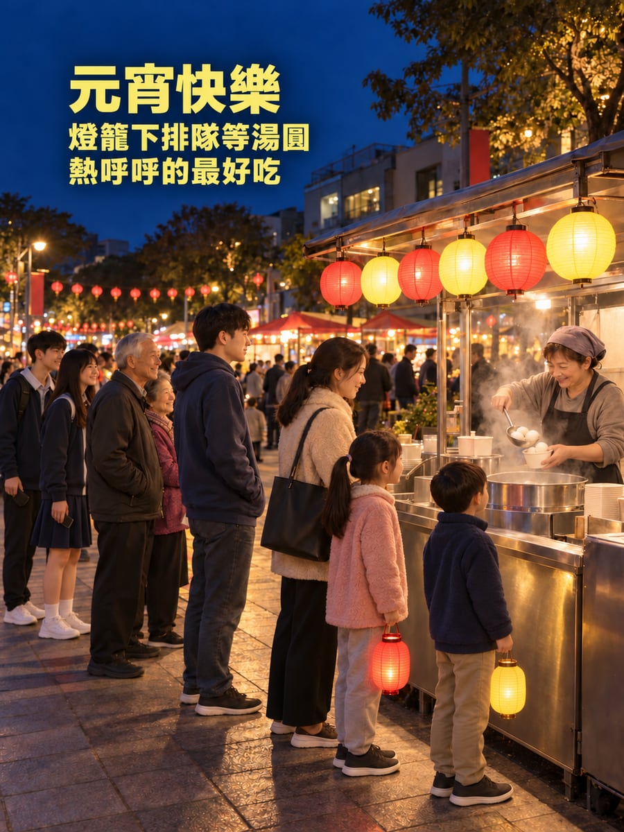 掛著燈籠的甜湯攤前排隊。圖中文字：元宵快樂，燈籠下排隊等湯圓，熱呼呼的最好吃