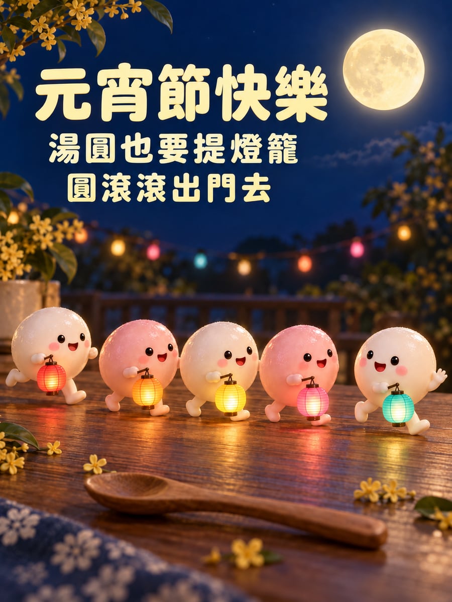 Q 版湯圓角色提燈遊行。圖中文字：元宵節快樂，湯圓也要提燈籠，圓滾滾出門去