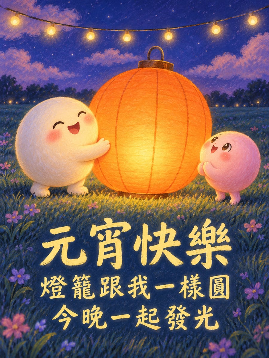 貼著大圓燈籠的湯圓角色。圖中文字：元宵快樂，燈籠跟我一樣圓，今晚一起發光
