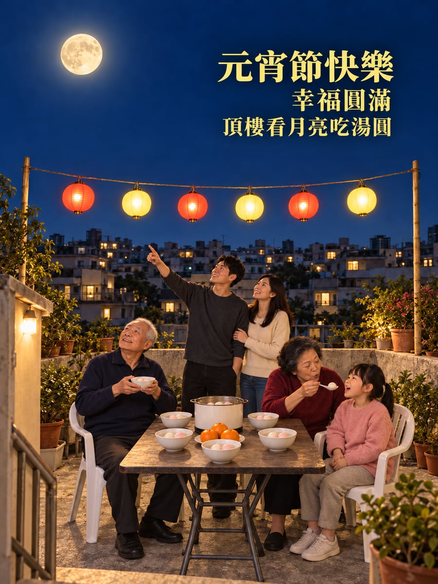 頂樓看月亮吃湯圓。圖中文字：元宵節快樂，幸福圓滿，頂樓看月亮吃湯圓