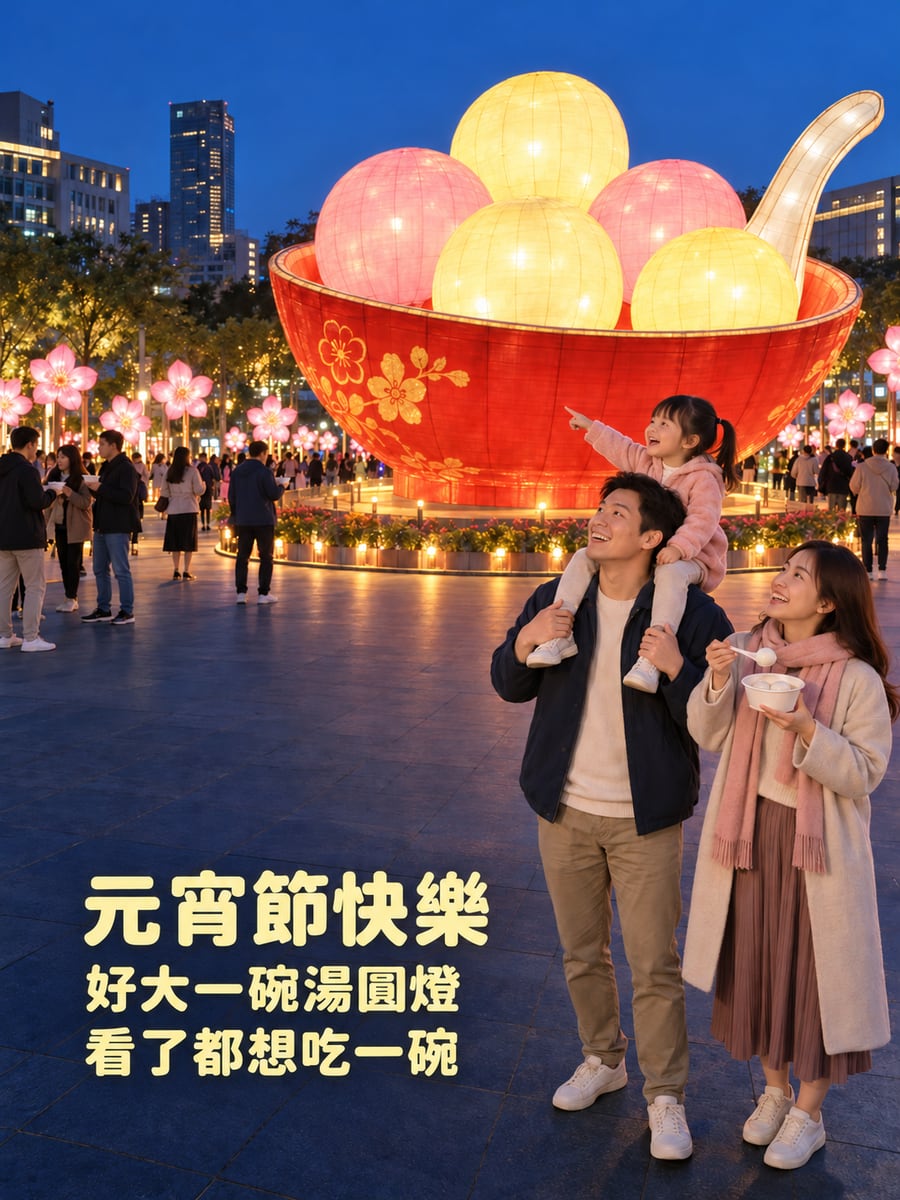 一大碗湯圓造型的花燈。圖中文字：元宵節快樂，好大一碗湯圓燈，看了都想吃一碗
