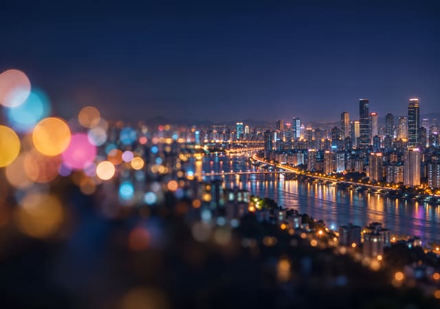 Bokeh que enfoca la ciudad, fondo de pantalla iPhone Duo para la pantalla interior, sin texto