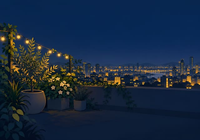 Taman atap dengan lampu gantung, wallpaper iPhone Duo layar dalam, tanpa teks