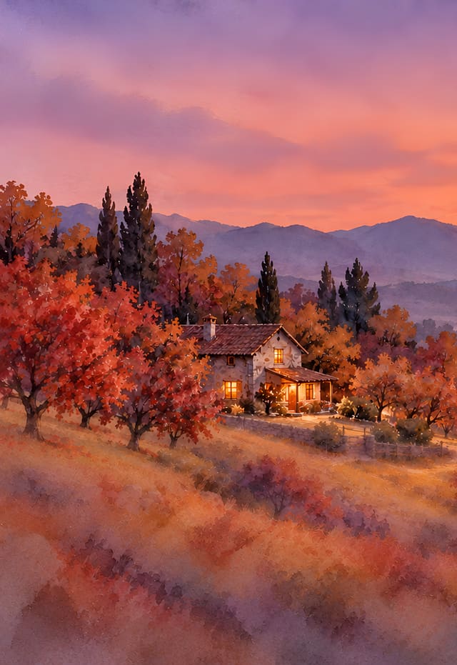 Casita del huerto al anochecer otoñal, fondo de pantalla iPhone Duo para la pantalla exterior, sin texto