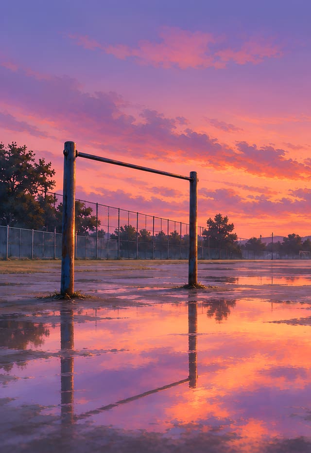 Genangan di halaman sekolah saat senja, wallpaper iPhone Duo layar luar, tanpa teks
