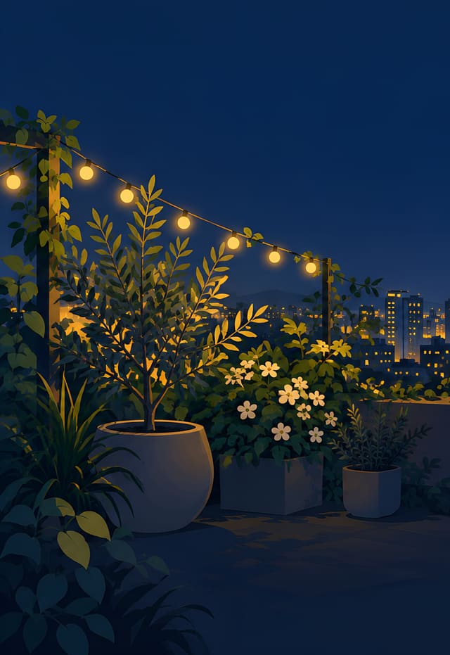 Taman atap dengan lampu gantung, wallpaper iPhone Duo layar luar, tanpa teks