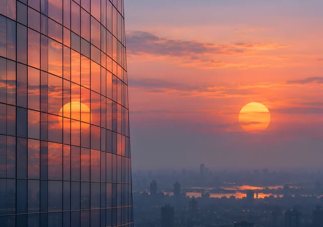玻璃帷幕映著夕陽，iPhone Duo 內螢幕桌布，圖上沒有文字