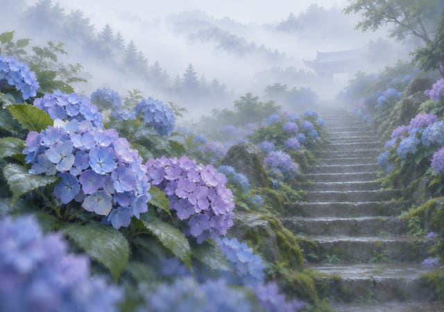 繡球花與山寺石階，iPhone Duo 內螢幕桌布，圖上沒有文字