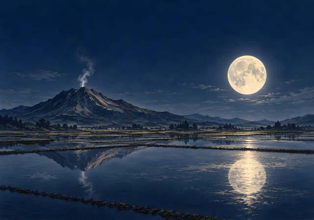 月夜水田的火山倒影，iPhone Duo 內螢幕桌布，圖上沒有文字
