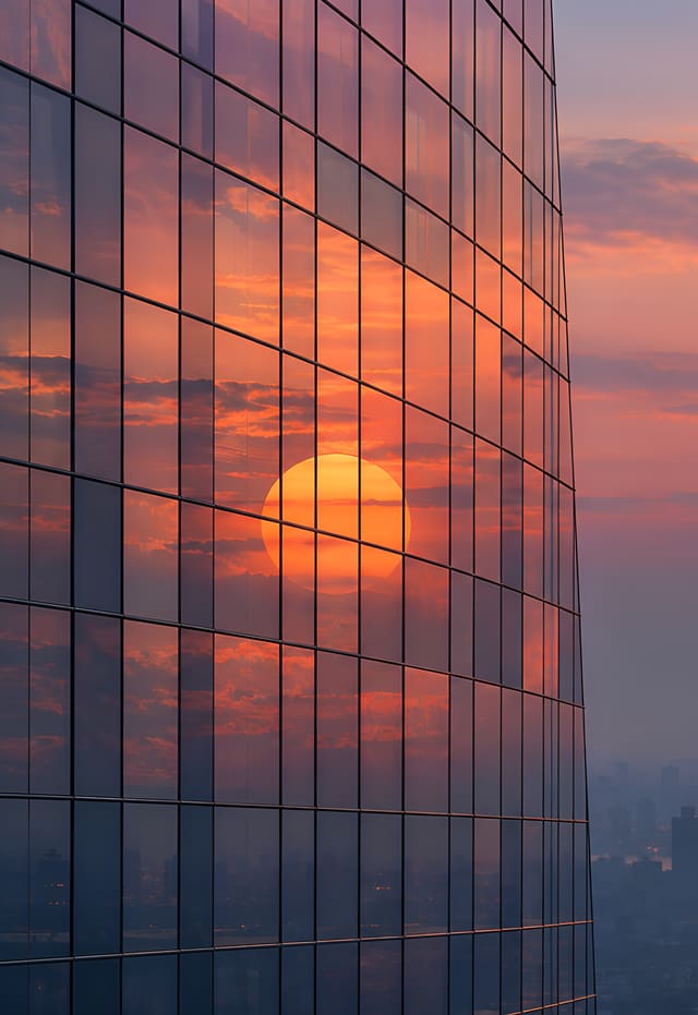 玻璃帷幕映著夕陽，iPhone Duo 外螢幕桌布，圖上沒有文字