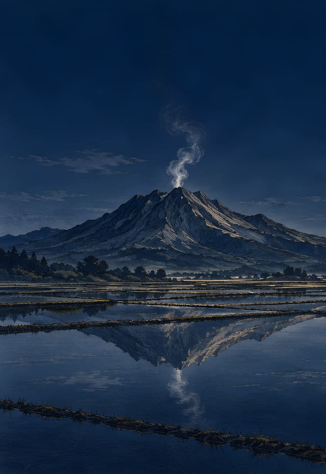 月夜水田的火山倒影，iPhone Duo 外螢幕桌布，圖上沒有文字