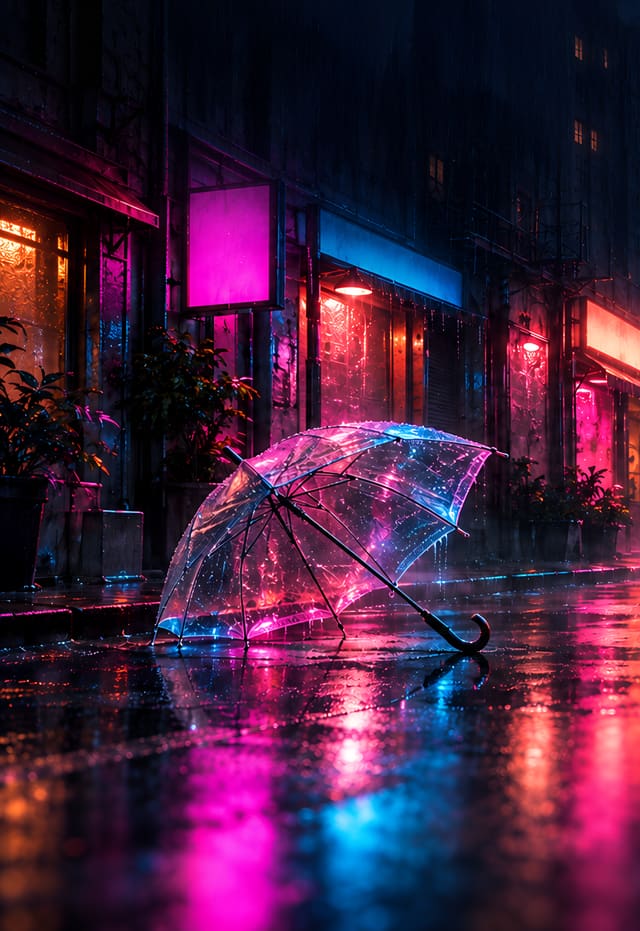 霓虹雨街與透明傘，iPhone Duo 外螢幕桌布，圖上沒有文字