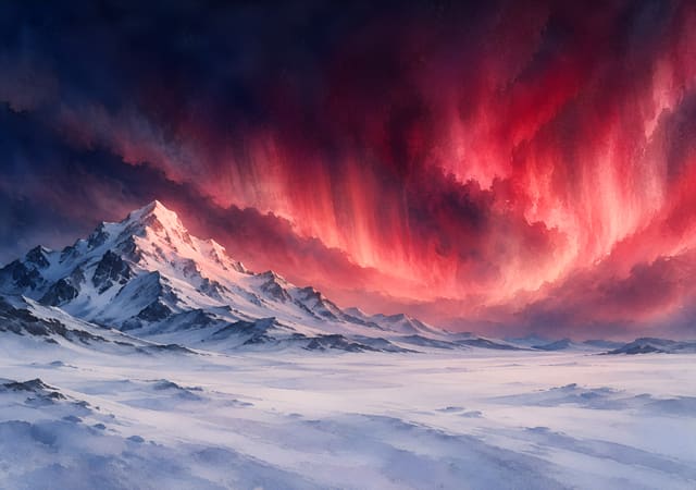 孤單雪峰後的紅色極光，iPhone Duo 內螢幕桌布，圖上沒有文字