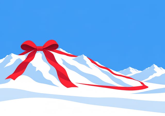 綁上紅緞帶的聖誕雪山，iPhone Duo 內螢幕桌布，圖上沒有文字