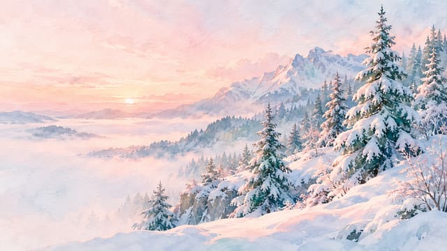 清晨雪林聖誕電腦桌布，圖上沒有文字