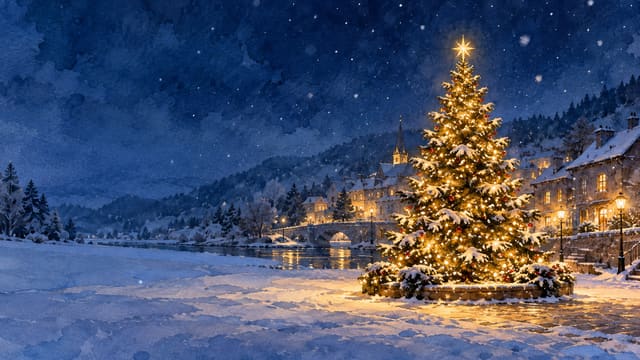 雪夜小鎮聖誕樹聖誕電腦桌布，圖上沒有文字