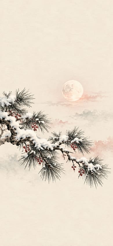 水墨松枝與月聖誕手機桌布，圖上沒有文字