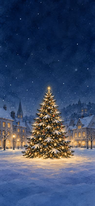 雪夜小鎮聖誕樹聖誕手機桌布，圖上沒有文字