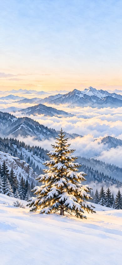 高山雲海雪景聖誕樹聖誕手機桌布，圖上沒有文字