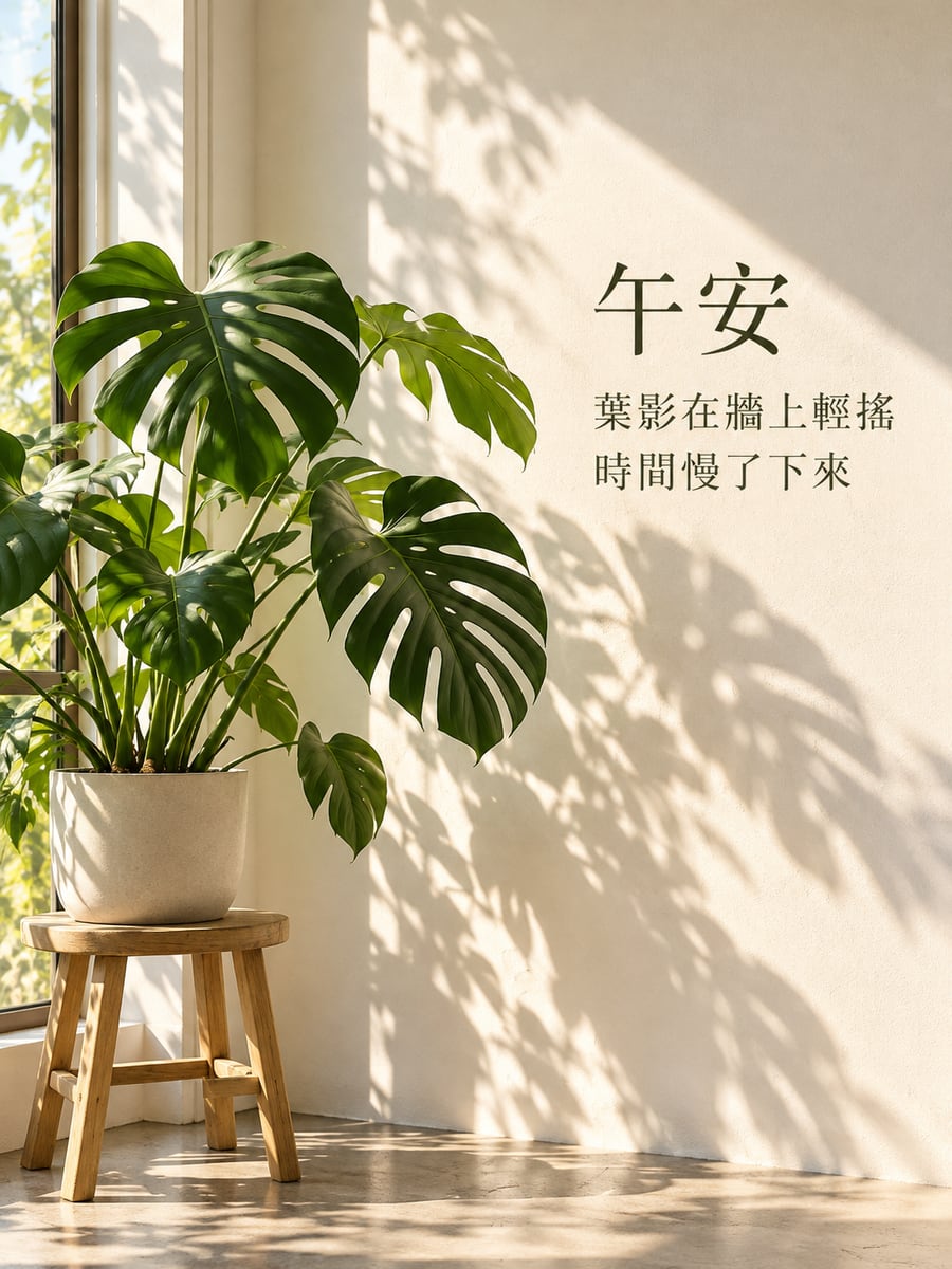 白牆上的葉影。圖中文字：午安，葉影在牆上輕搖，時間慢了下來