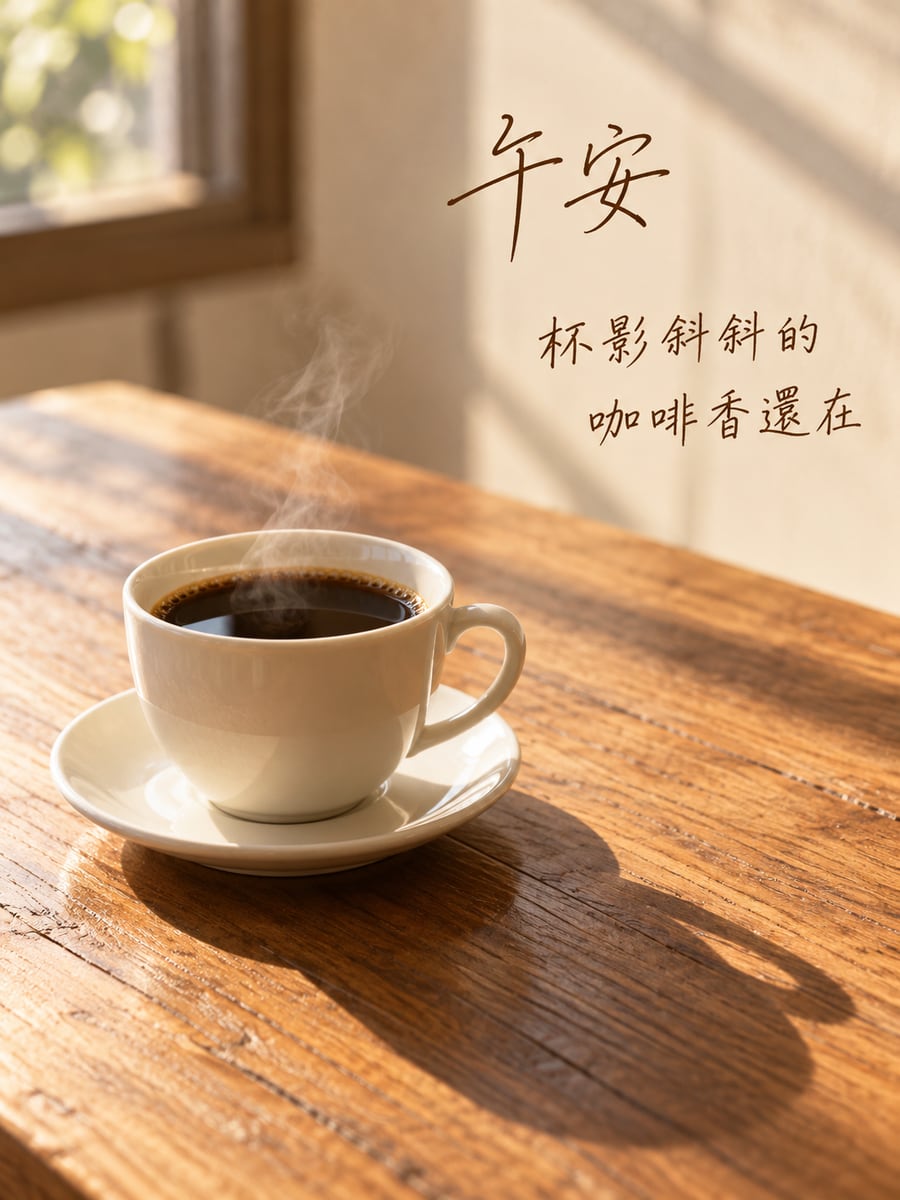 咖啡杯的影子。圖中文字：午安，杯影斜斜的，咖啡香還在