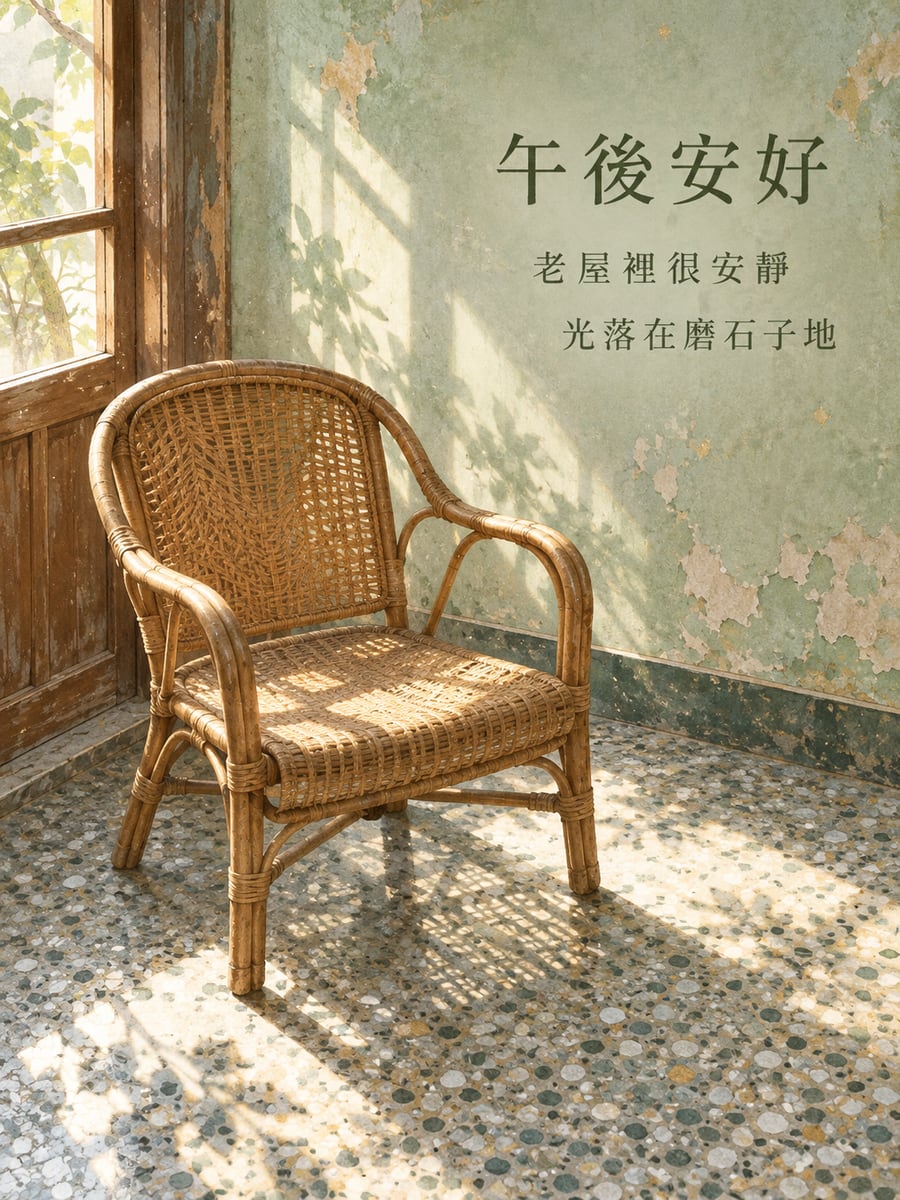 老屋磨石子地。圖中文字：午後安好，老屋裡很安靜，光落在磨石子地