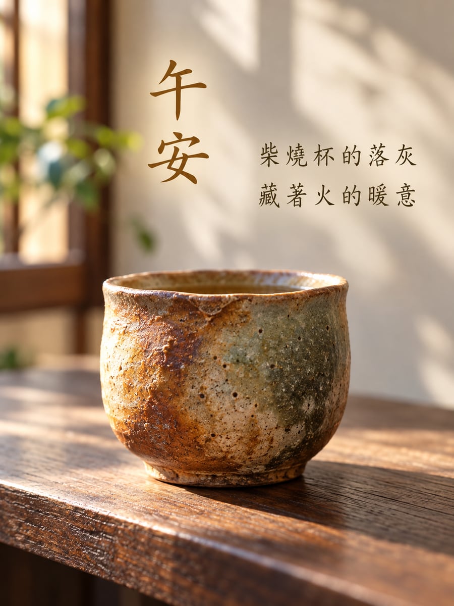 柴燒杯的紋路。圖中文字：午安，柴燒杯的落灰，藏著火的暖意