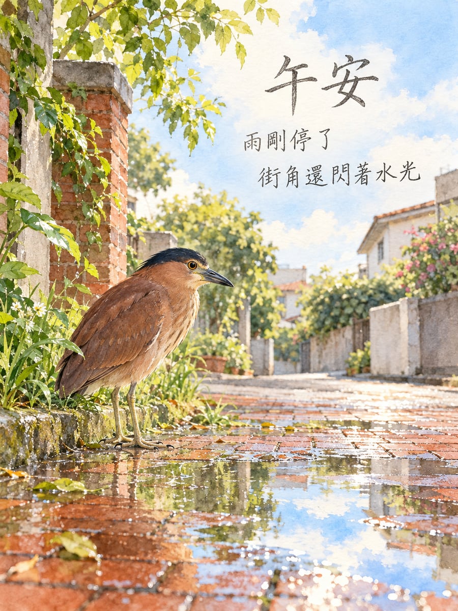 雨後街角的黑冠麻鷺。圖中文字：午安，雨剛停了，街角還閃著水光
