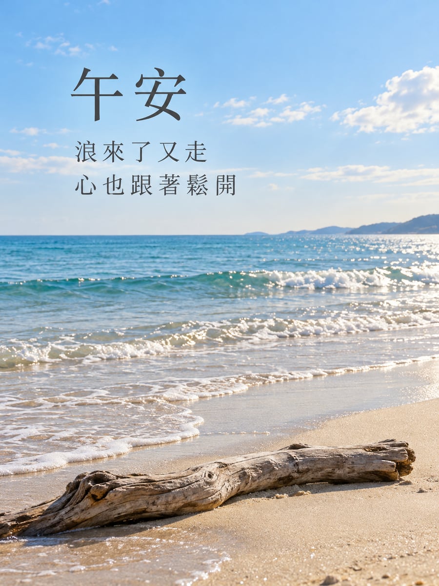 海岸漂流木。圖中文字：午安，浪來了又走，心也跟著鬆開
