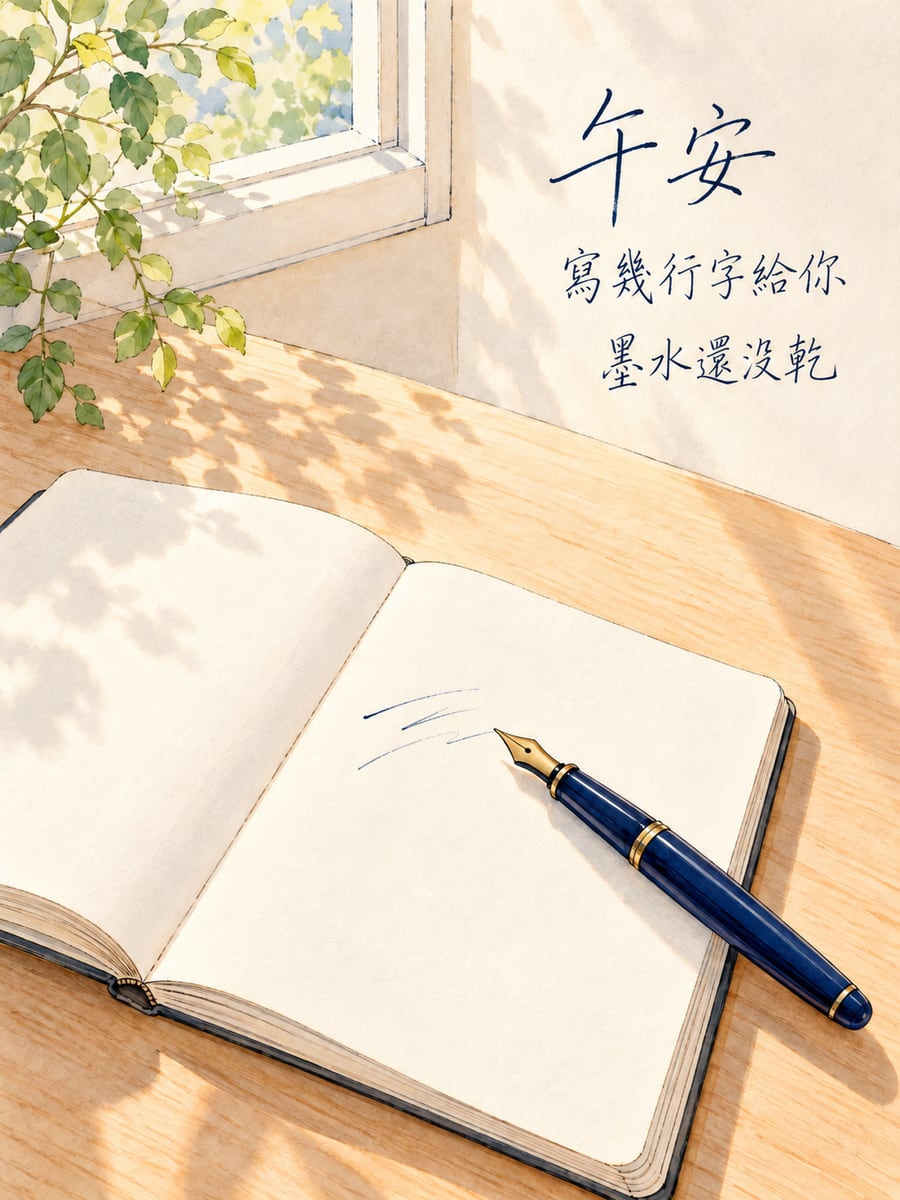 鋼筆寫幾行字。圖中文字：午安，寫幾行字給你，墨水還沒乾