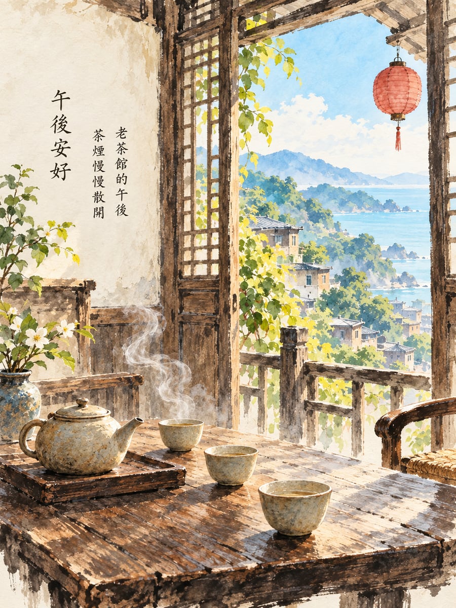 九份老茶館。圖中文字：午後安好，老茶館的午後，茶煙慢慢散開