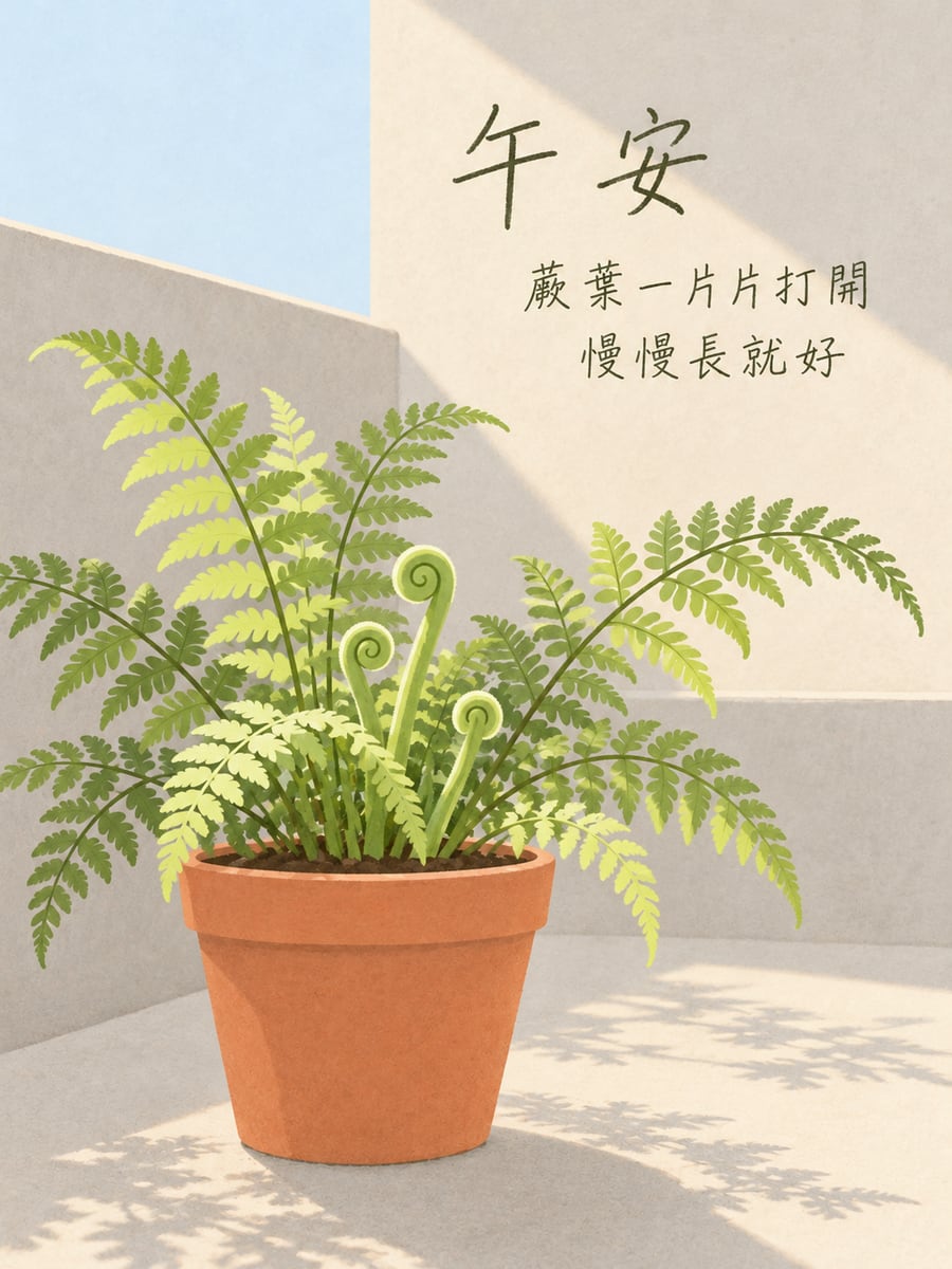 蕨葉慢慢展開。圖中文字：午安，蕨葉一片片打開，慢慢長就好