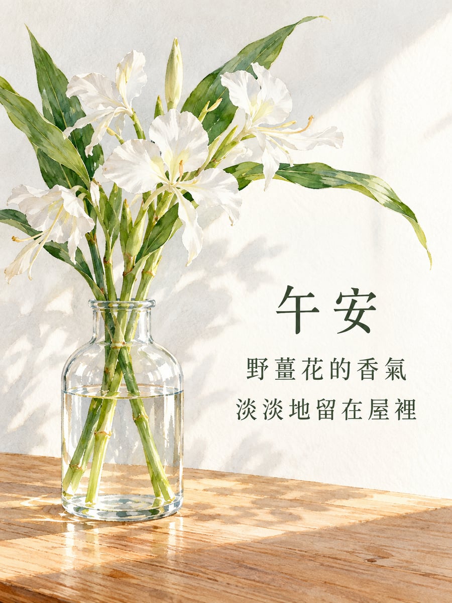野薑花的香氣。圖中文字：午安，野薑花的香氣，淡淡地留在屋裡