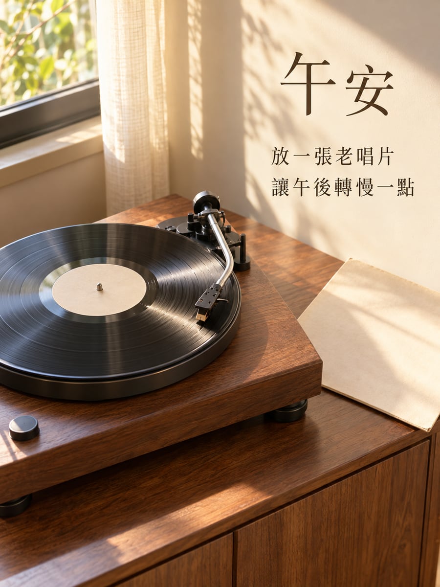 老唱片轉著。圖中文字：午安，放一張老唱片，讓午後轉慢一點